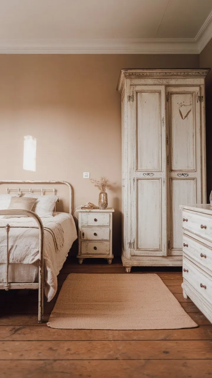 This chic bedroom blends vintage allure with contemporary comfort, creating a serene retreat centered around a queen-size bed and shabby chic decor.