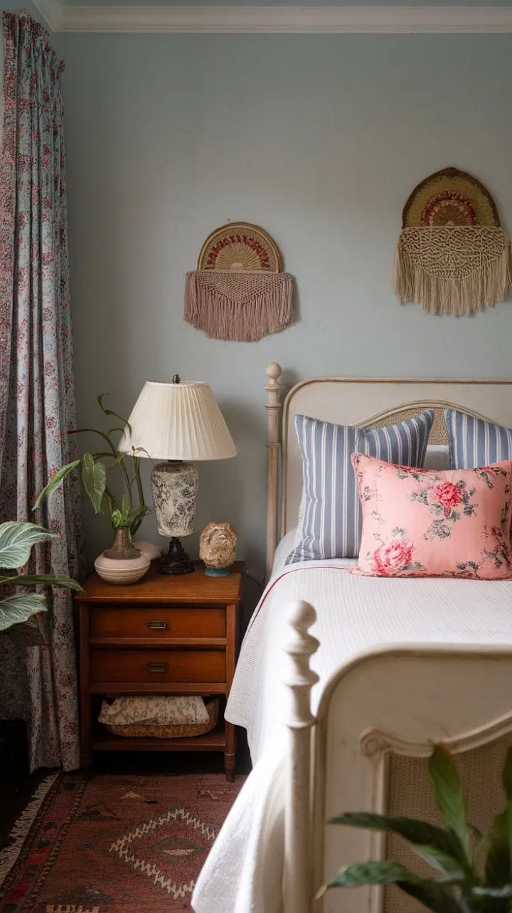 Sunlight dances with floral pillows in a pale blue vintage bedroom, crafting a dreamy bohemian sanctuary that invites relaxation.