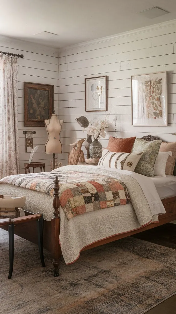 Retreat to a whimsical boho vintage bedroom, where a patchwork quilted queen bed and rustic wood evoke a warm, nostalgic haven.