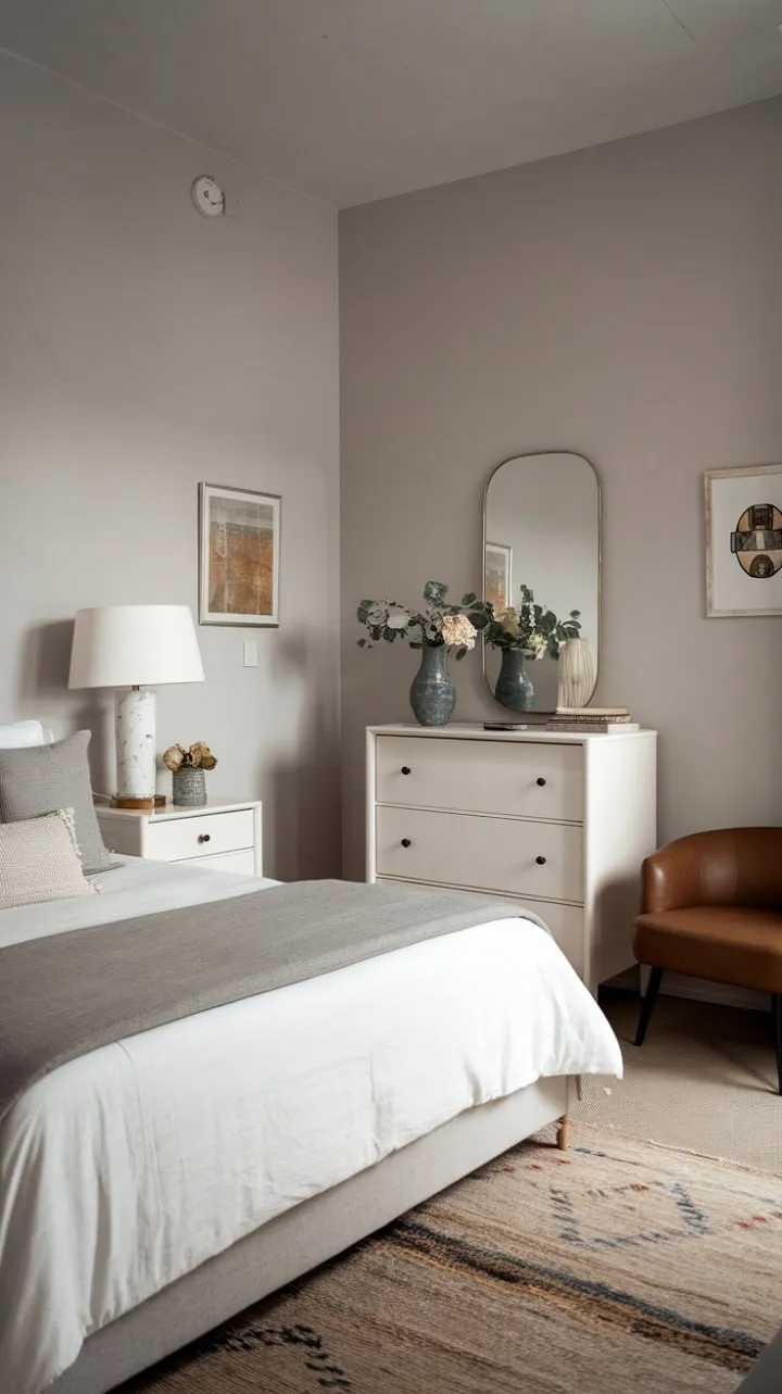 This bedroom artfully blends modern and vintage elements, crafting a tranquil oasis of subtle sophistication.