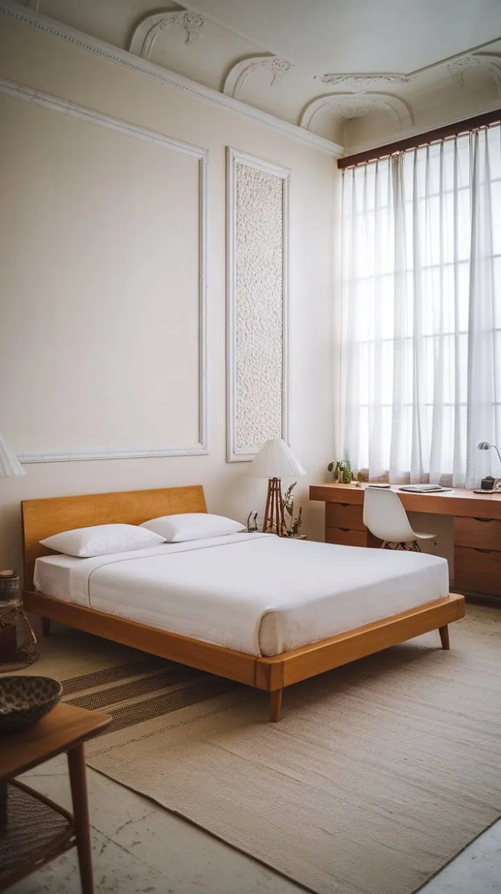 Discover a tranquil haven where timeless vintage allure meets contemporary sophistication, creating a chic escape with warm wood accents and fresh white linens.
