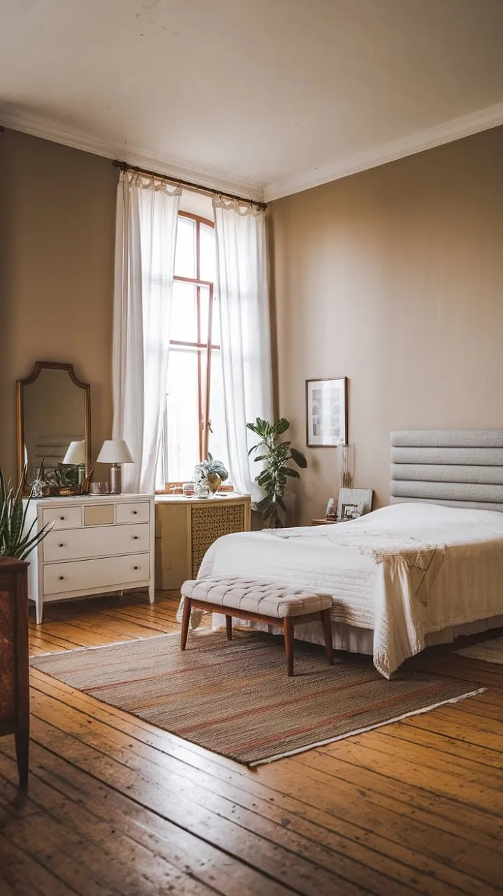 This enchanting bedroom harmoniously fuses vintage charm with contemporary sophistication, highlighted by a pristine queen-size bed and serene gray accents under a wash of natural light.