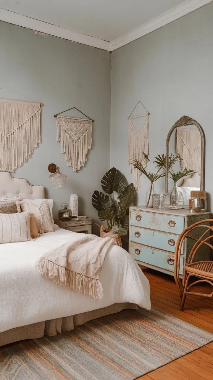 This sunlit vintage-inspired bedroom is a tranquil haven that beautifully embodies the essence of mindful design.