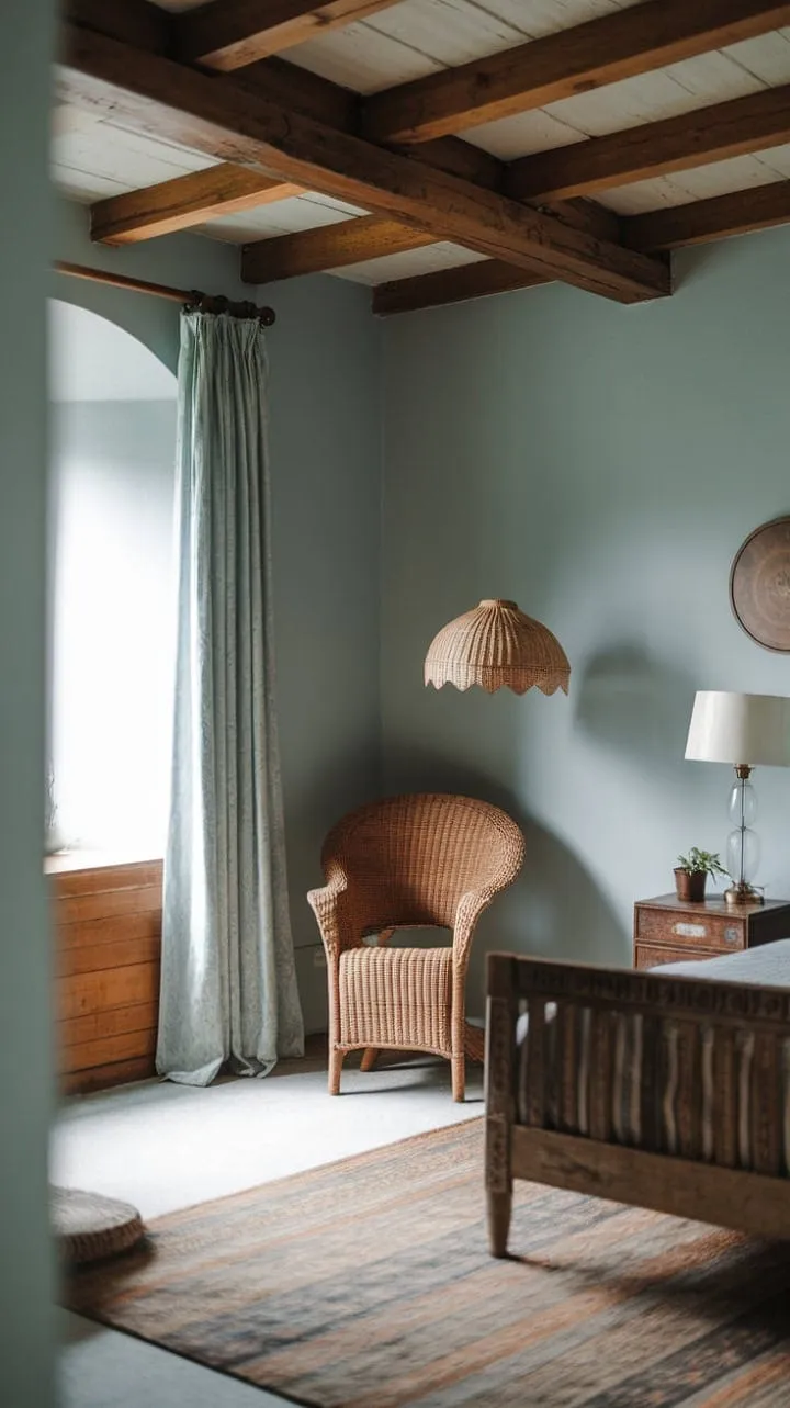 This serene minimalist bedroom harmoniously combines calming light blue walls, rustic wooden beams, and vintage accents for a tranquil retreat that exudes both modern simplicity and charming character.