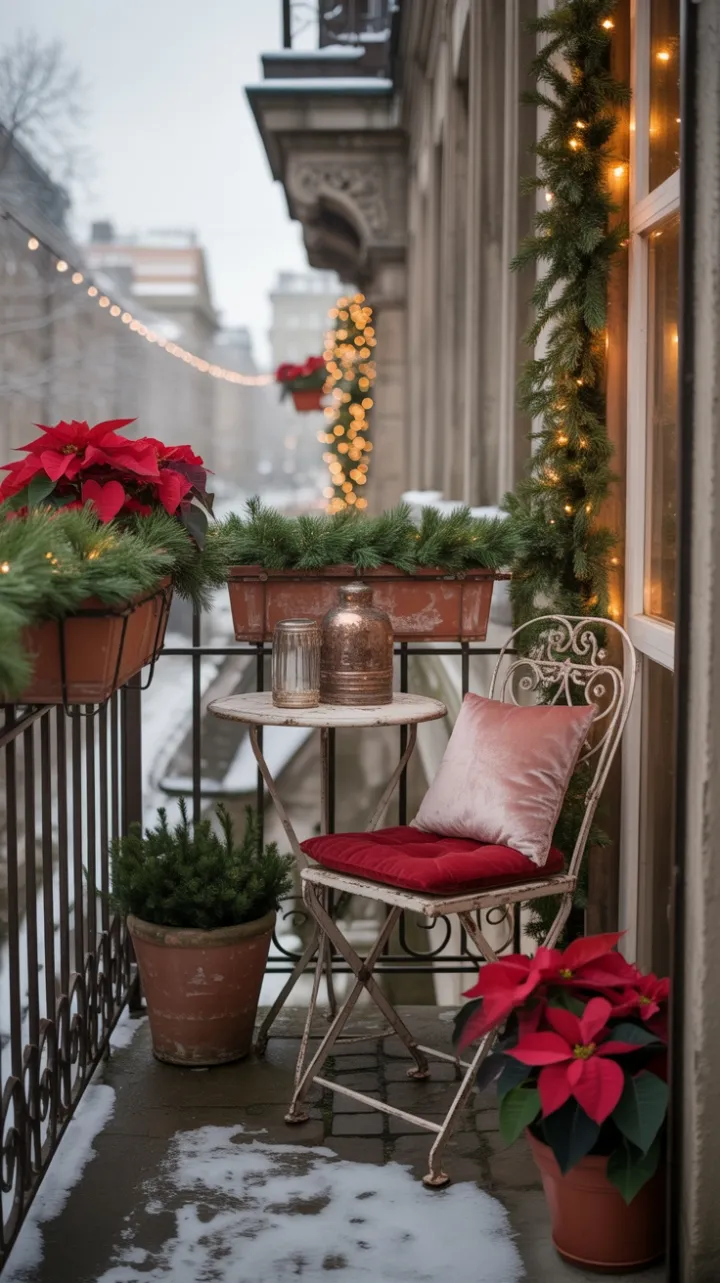Snow-Kissed Vintage Balcony Dressed in Holiday Charm