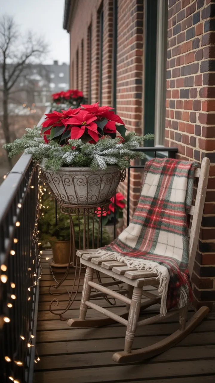 Plush Plaid Poinsettias and Twinkling Lights on a Vintage Balcony