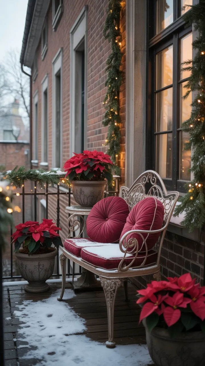 Poinsettia-Kissed Vintage Balcony with Velvet Bench