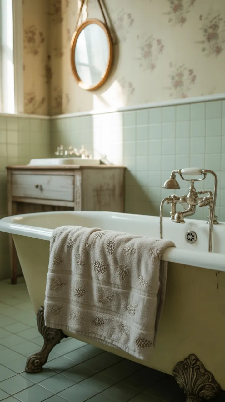 Soft Light Vintage Bath with Mint Tiles and Brass Fixtures