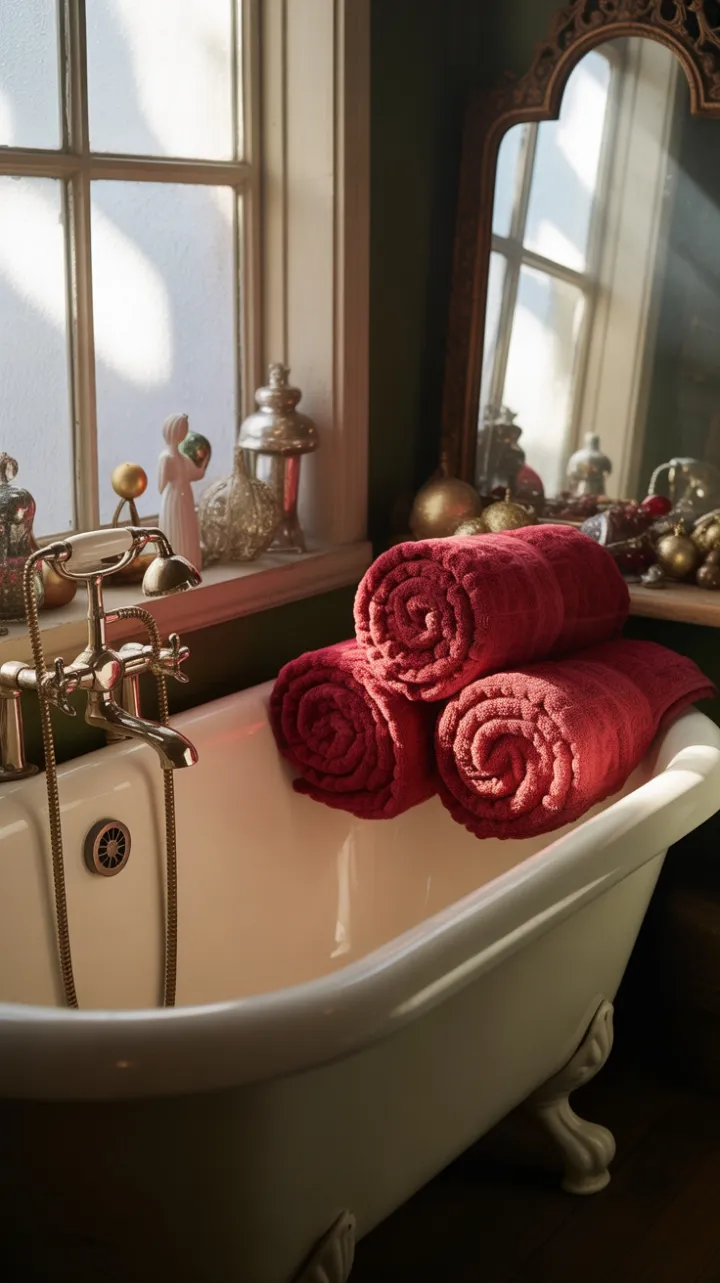 Vintage Clawfoot Christmas with Crimson Towels and Antique Baubles
