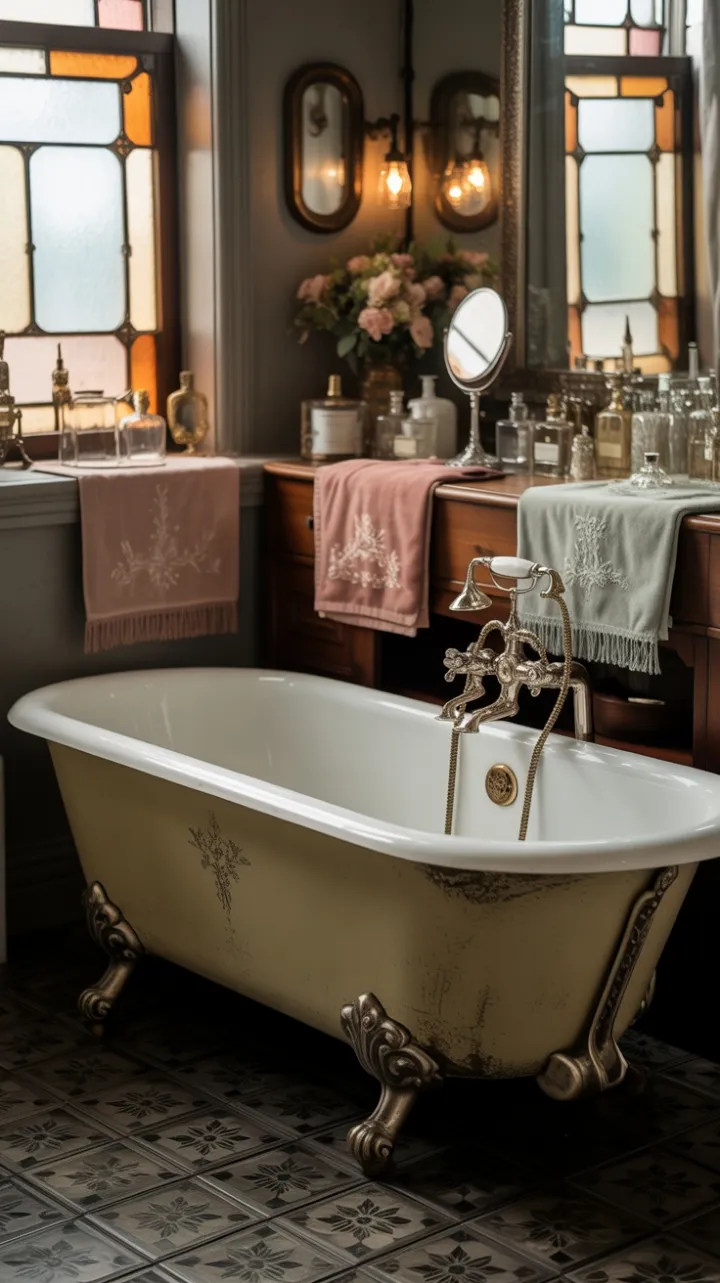 Gilded Serenity Vintage Clawfoot Bathtub with Stained Glass Glow