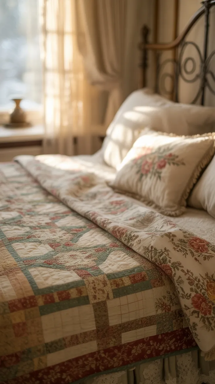 Patchwork Poetry in a Snowlit Vintage Bedroom