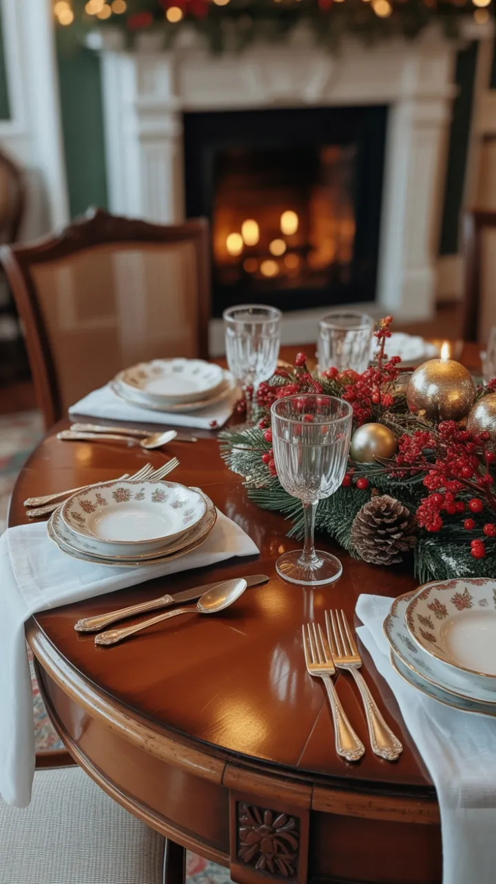 Candlelit Heirloom Table Dressed in Berries Pinecones and Gold