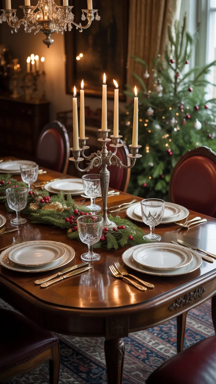 Timeless Holiday Table with Silver Candelabra and Crimson Berries
