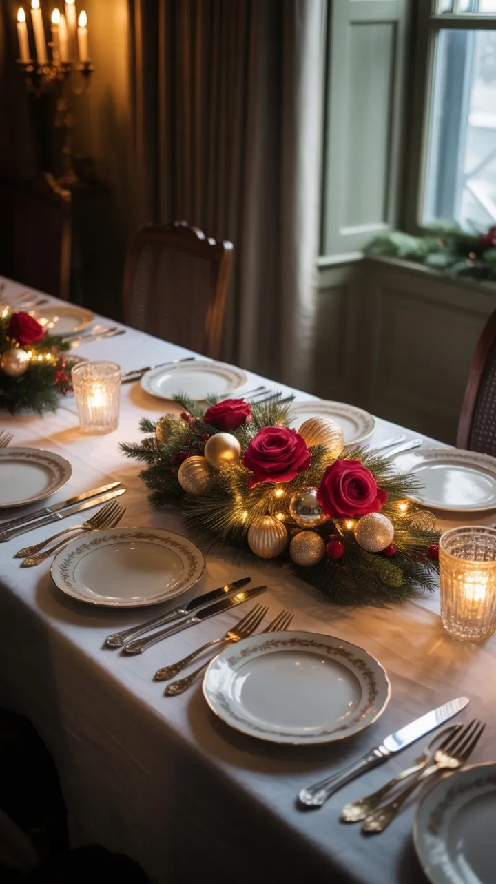 Heirloom Holiday Table of Crimson Roses and Candlelight