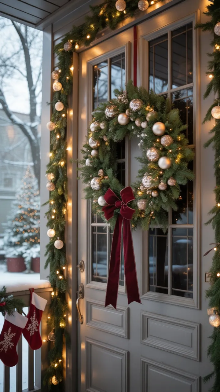 Snow-Kissed Welcome – Vintage Door Dressed in Burgundy and Silver