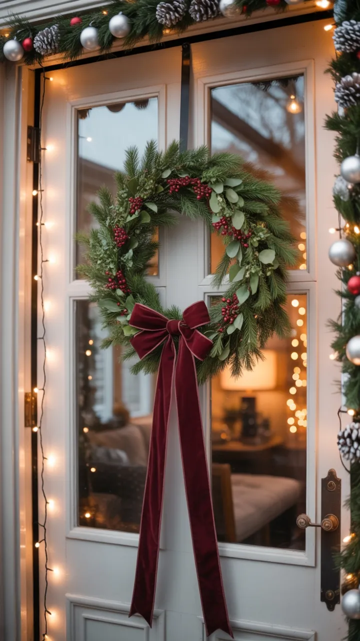 Burgundy Bow on a Vintage Door Radiant with Warm Holiday Lights