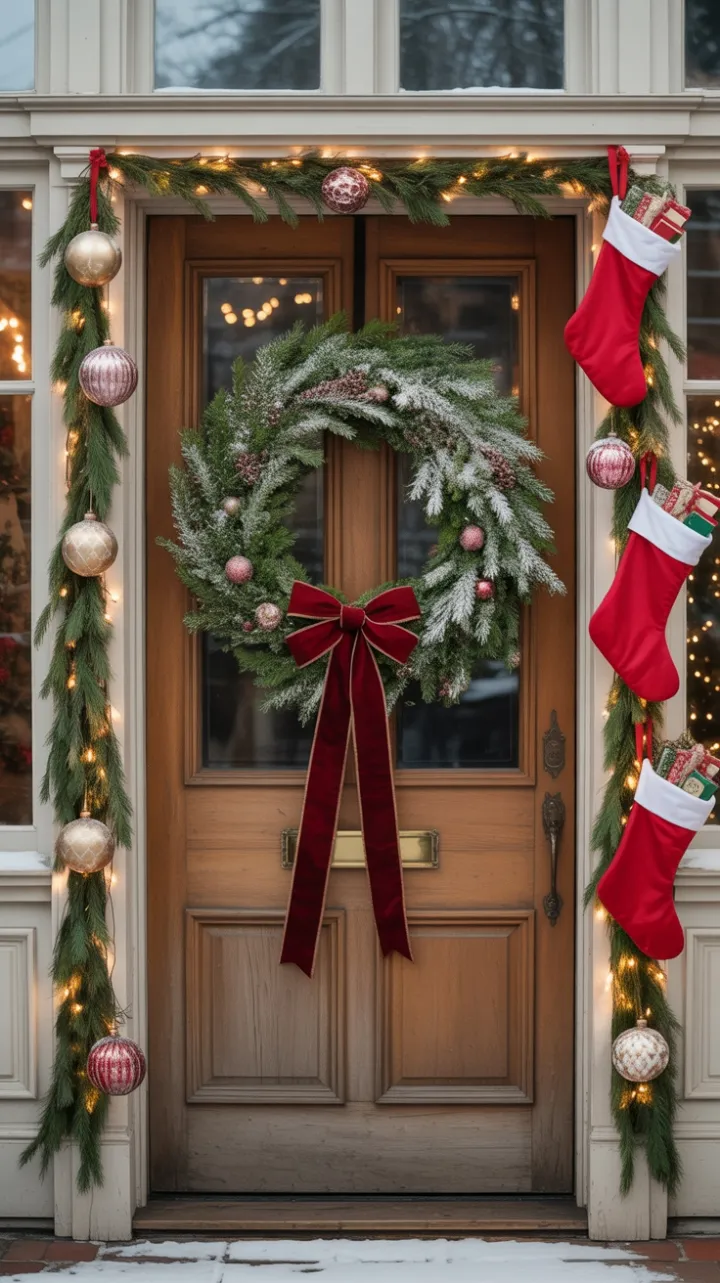 Heirloom Door Dressed in Velvet Bows, Gold Ribbon, and Christmas Glow