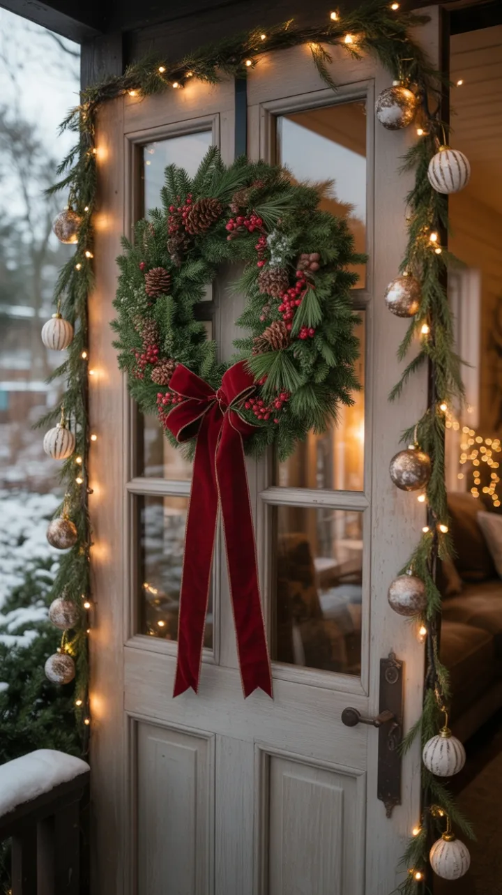 Velvet Bow and Twinkling Lights for a Snow-Kissed Holiday Welcome