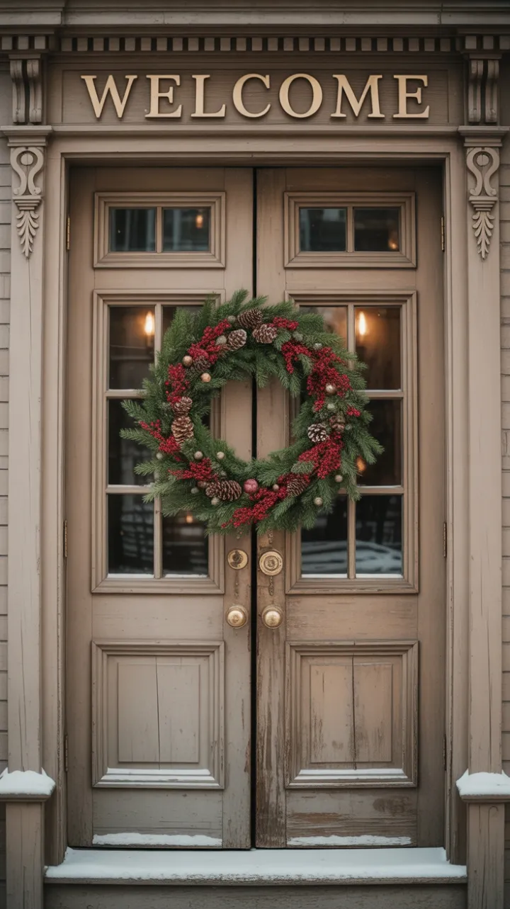 Snow-Dusted Heritage Door with a Vintage Holiday Welcome