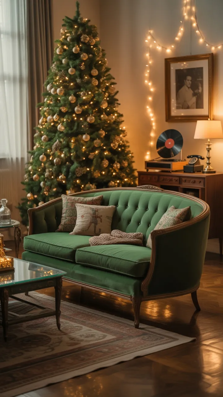 A 1950s Christmas Living Room Where Emerald Velvet Meets Crackling Vinyl