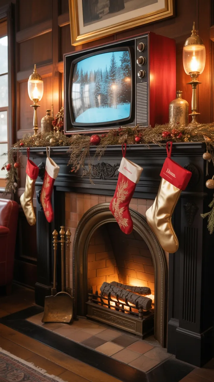 Mahogany Hearth Adorned in Vintage Holiday Charm