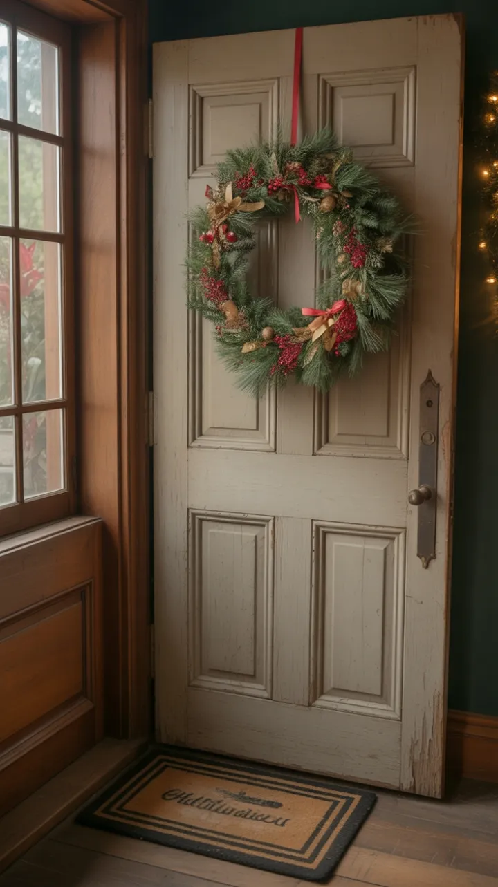 Vintage Holiday Welcome at a Weathered Wooden Door
