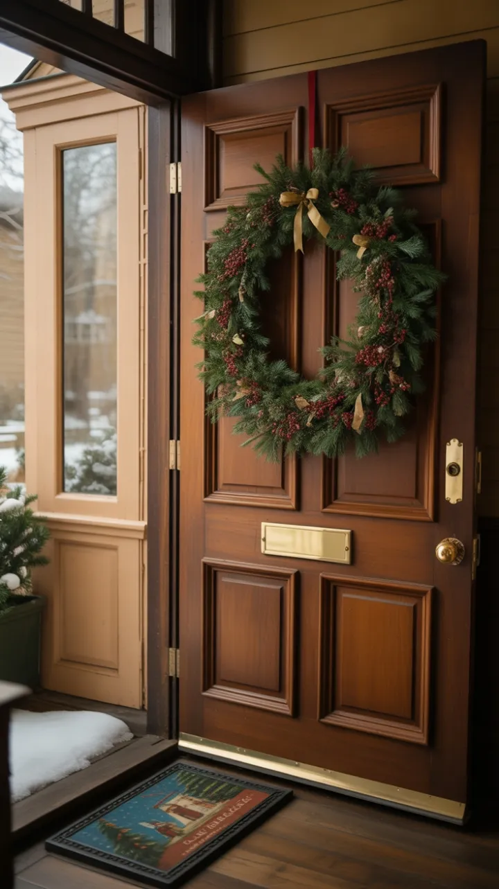 Wreathed Welcome on a Snow‑Kissed Antique Door