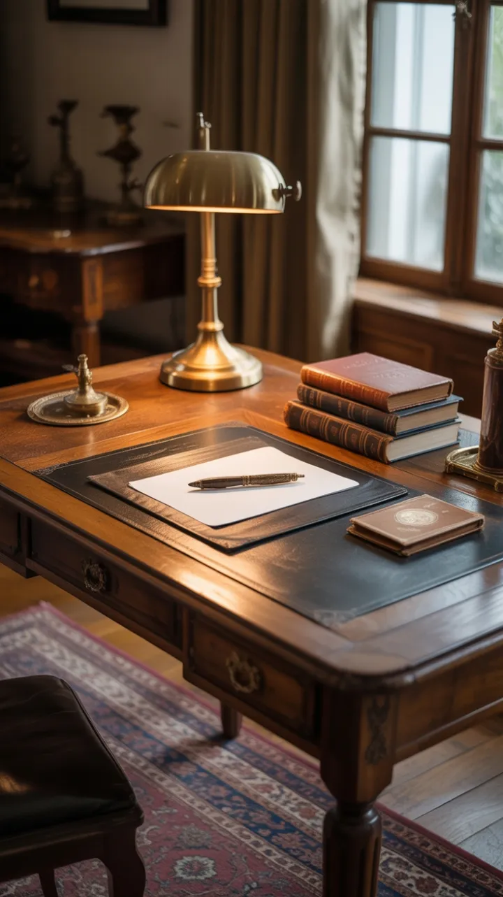 Sunlit Vintage Oak Desk and Timeless Accents