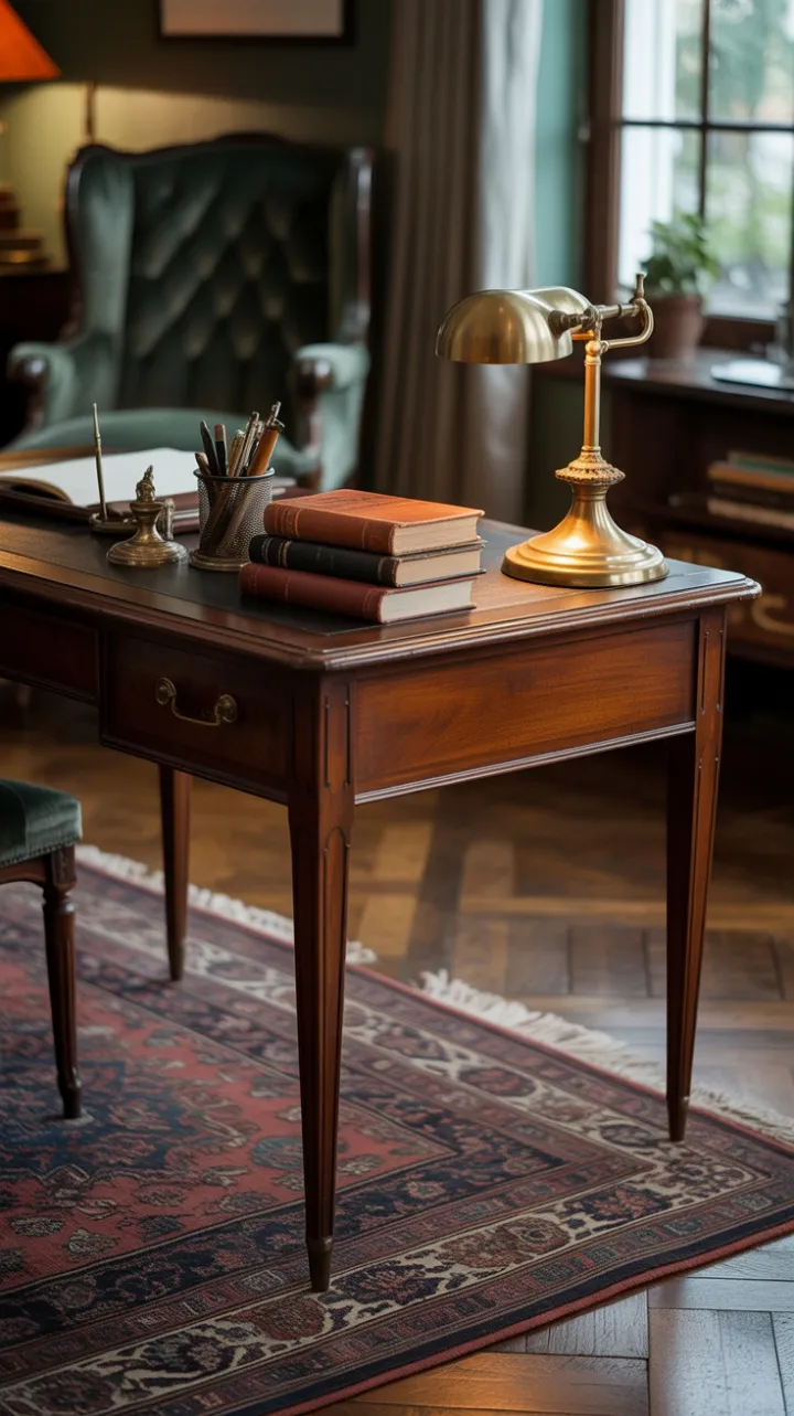 Mahogany Desk and Brass Lamp in a Nostalgic Home Office