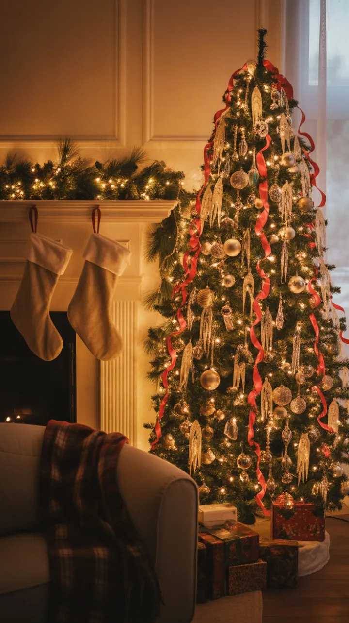 Nostalgic Christmas Glow with Vintage Tree, Velvet Stockings and Plaid Comfort