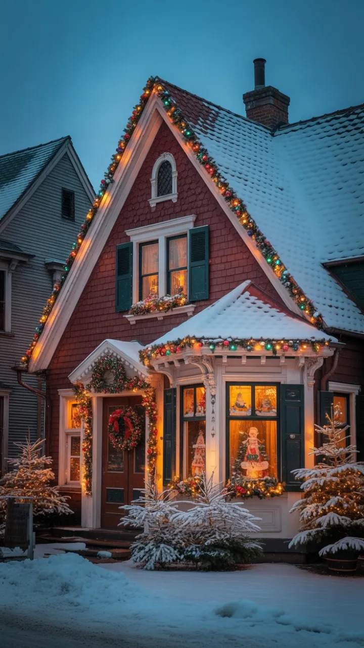 Twinkling Victorian Christmas Cottage Under Falling Snow