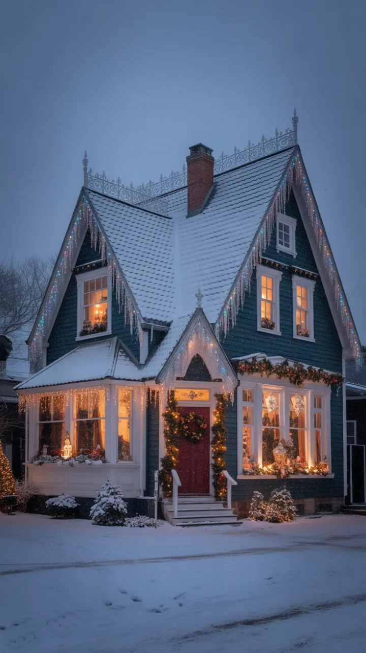 Victorian Christmas Home Bathed in Warm Light and Silver Icicles