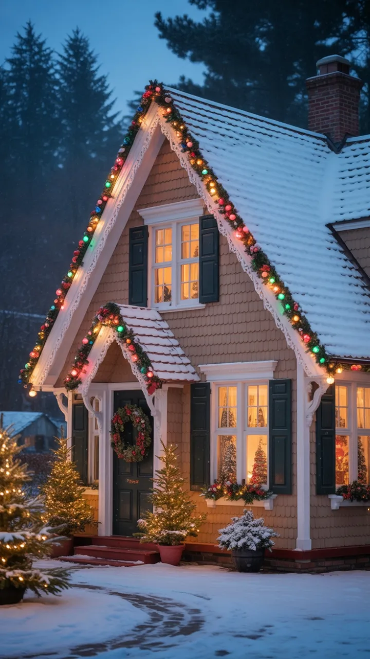 Snow-Kissed Victorian Home with Gingerbread Trim and Twinkling Christmas Lights
