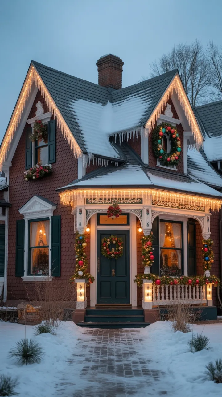 Snow-Kissed Victorian Wrapped in Holiday Lights