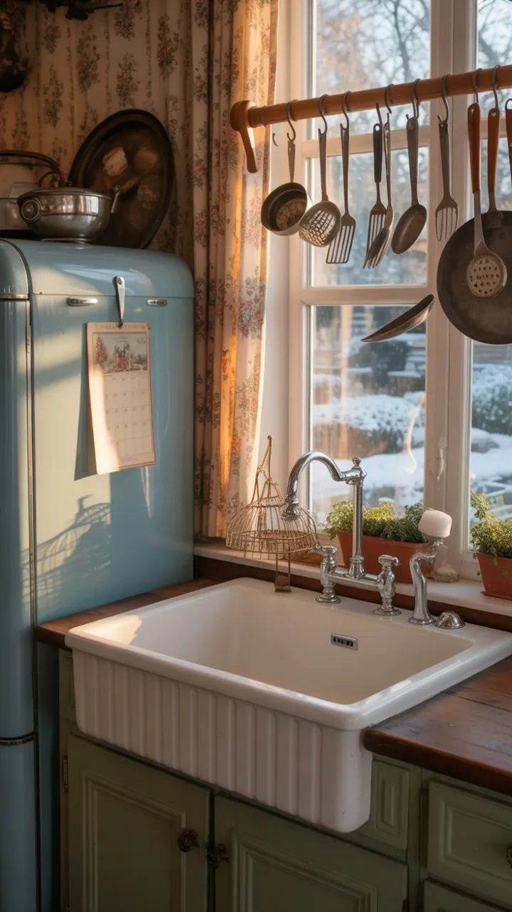 Sunlit Farmhouse Kitchen with Retro Blue Fridge