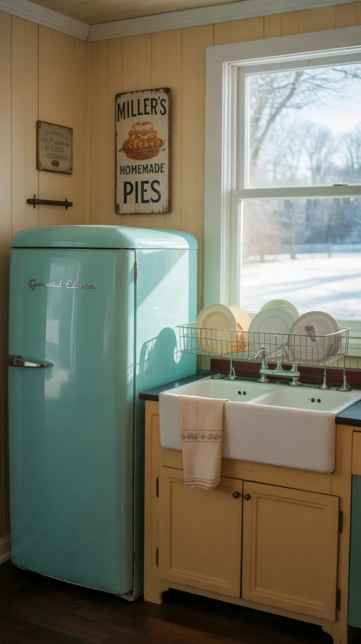Turquoise 1950s Charm in a Snowlit Farmhouse Kitchen