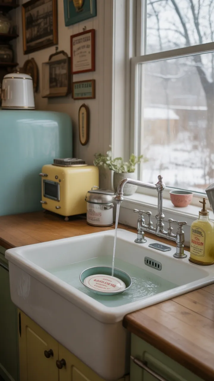Snow-Kissed Farmhouse Sink in a Pastel Retro Kitchen
