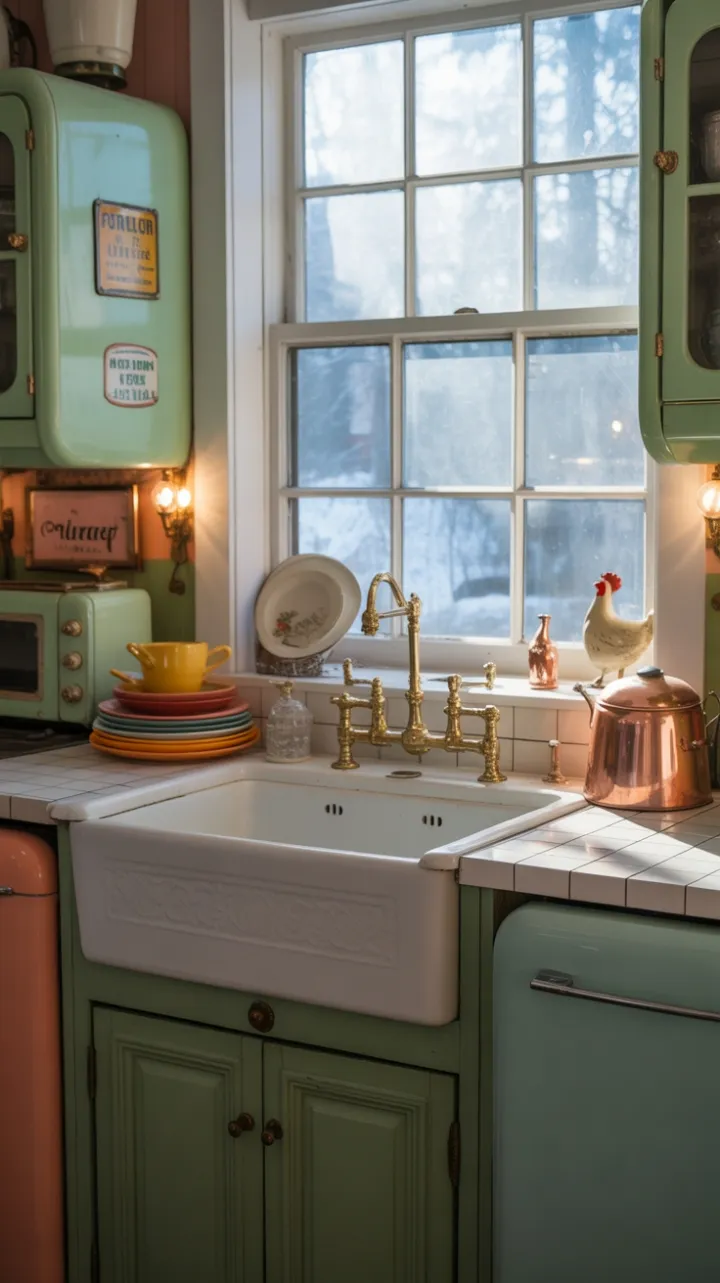Snow-Kissed Vintage Kitchen with Farmhouse Sink and Retro Charm