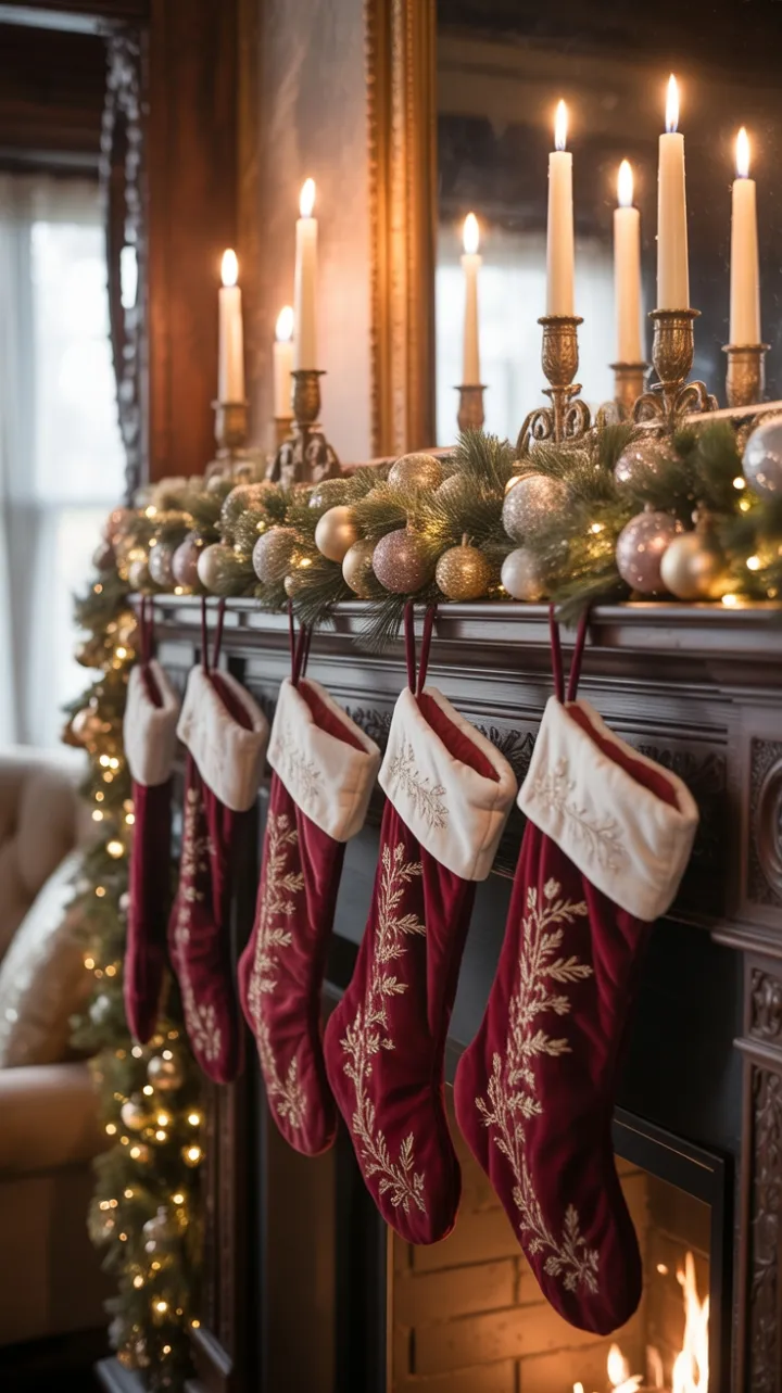 Velvet Stockings and Beeswax Glow on a Carved Mantel