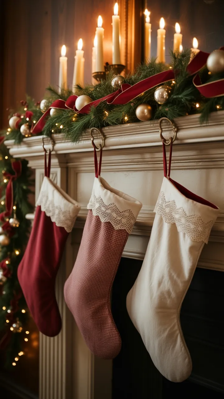 Vintage Mantel Dressed in Velvet, Lace and Beeswax Glow