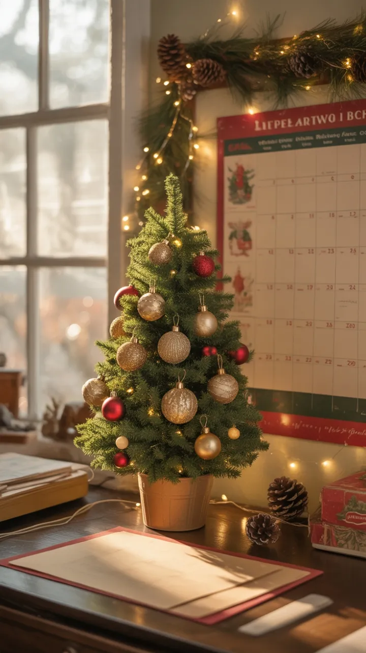 Golden Glow Over a Vintage Christmas Desk