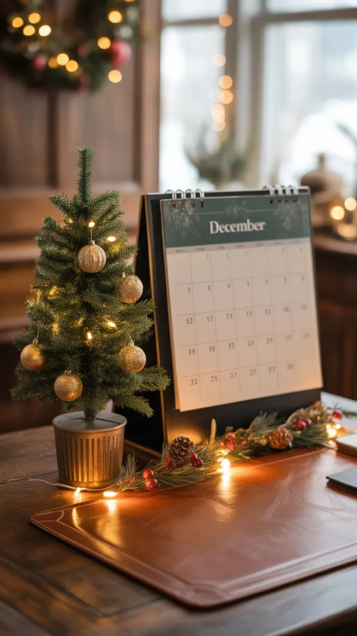 A December Desk Wrapped in Golden Holiday Glow