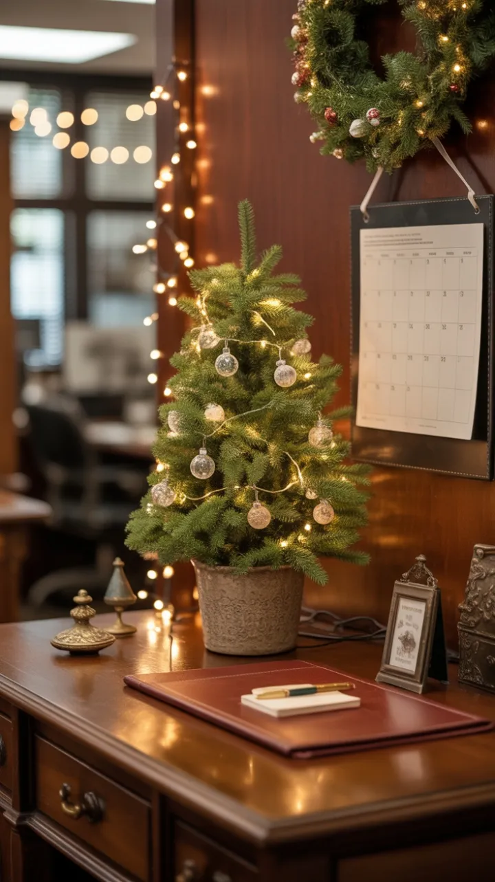 Mahogany Holiday Glow with Miniature Evergreen and Vintage Desk Ornaments