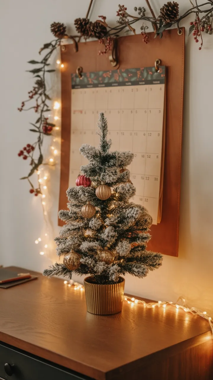 Warm Vintage Christmas Desk with Flocked Tree and Antique Ornaments