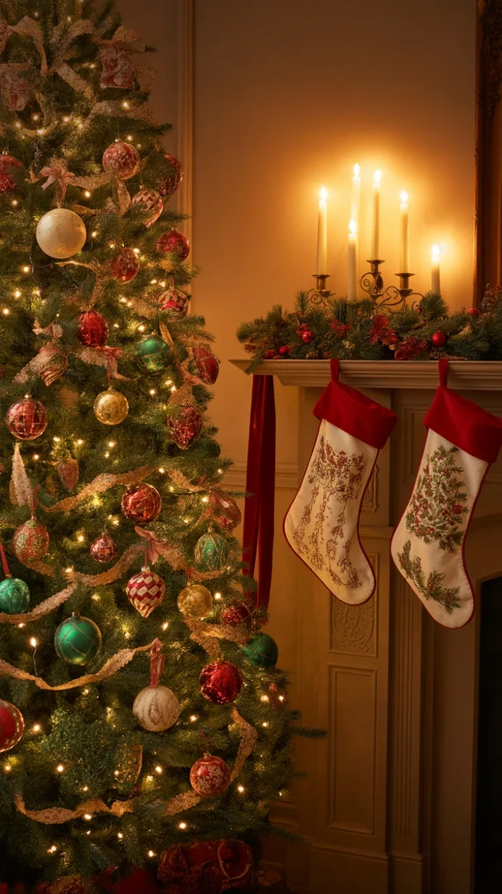 Timeless Christmas Hearth with Heirloom Ornaments and Velvet Ribbons