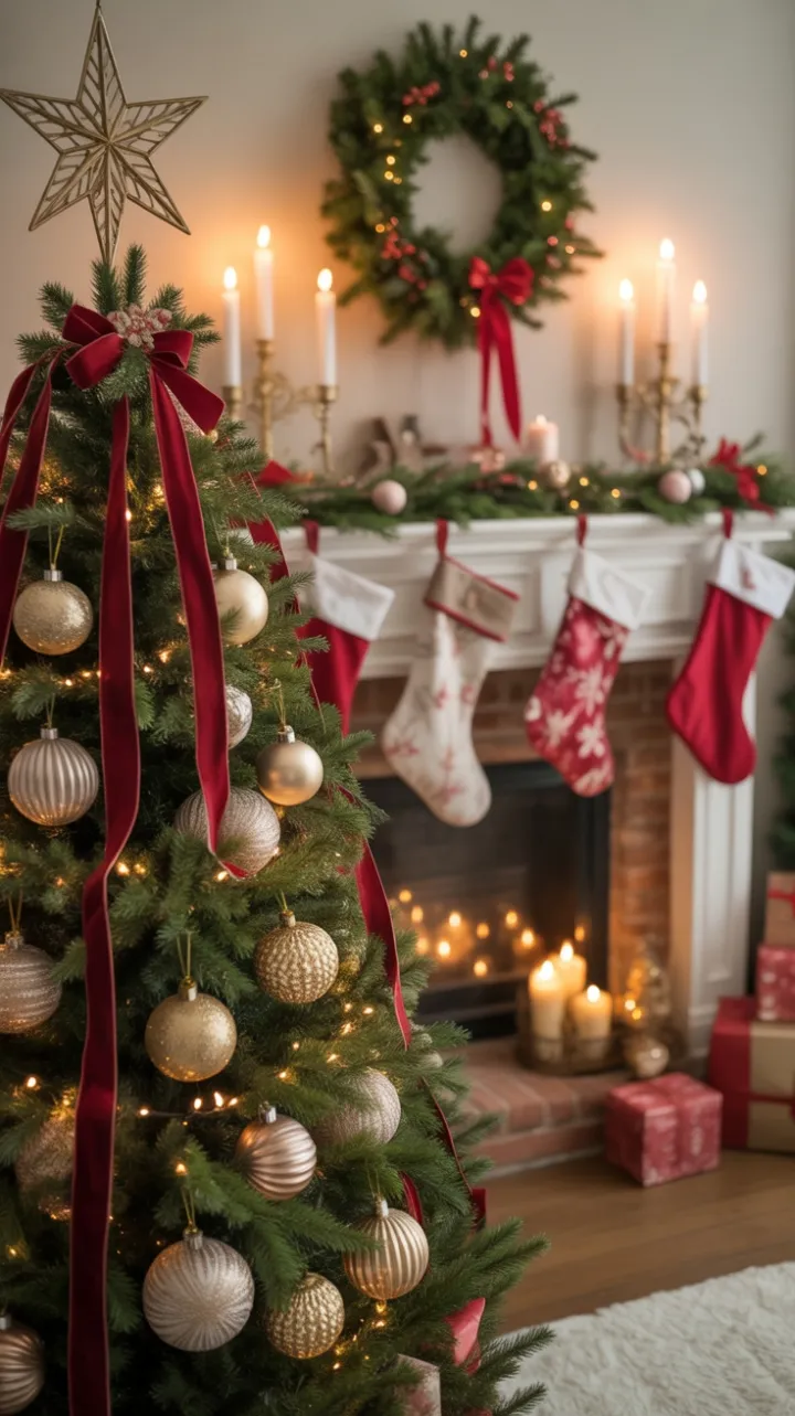 Cozy Christmas Beneath a Velvet‑Ribboned Evergreen