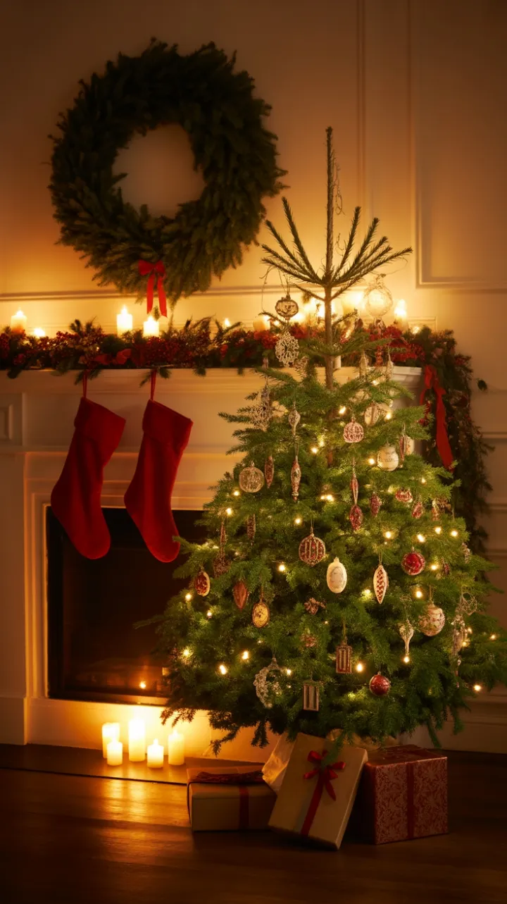 Golden hearth and glass ornaments in a vintage Christmas living room