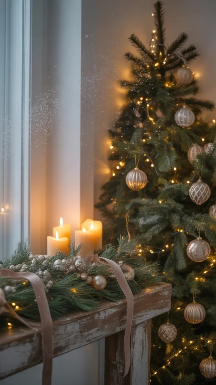 Beeswax Glow and Antique Ornaments on a Snow-Kissed Christmas Evening