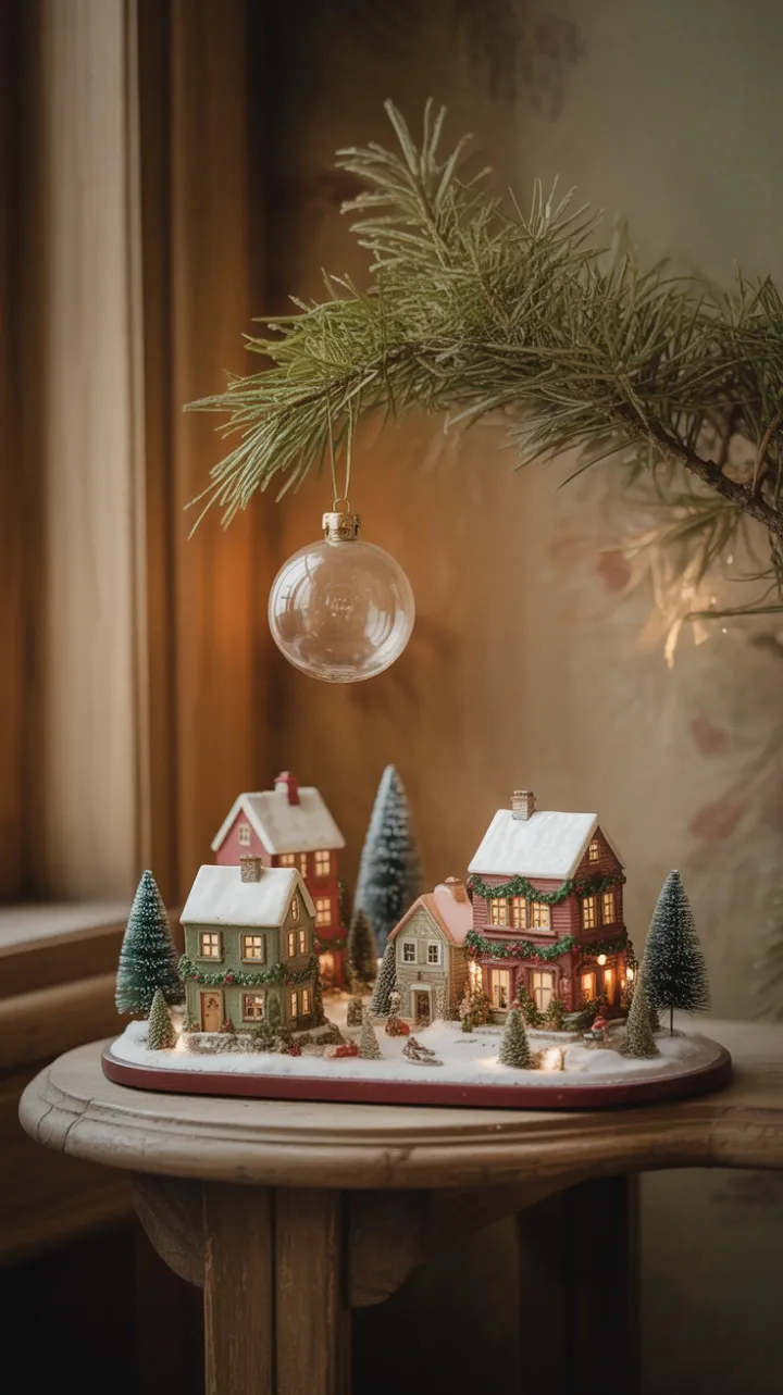 Shelved Winter Village with Antique Glass Ornament