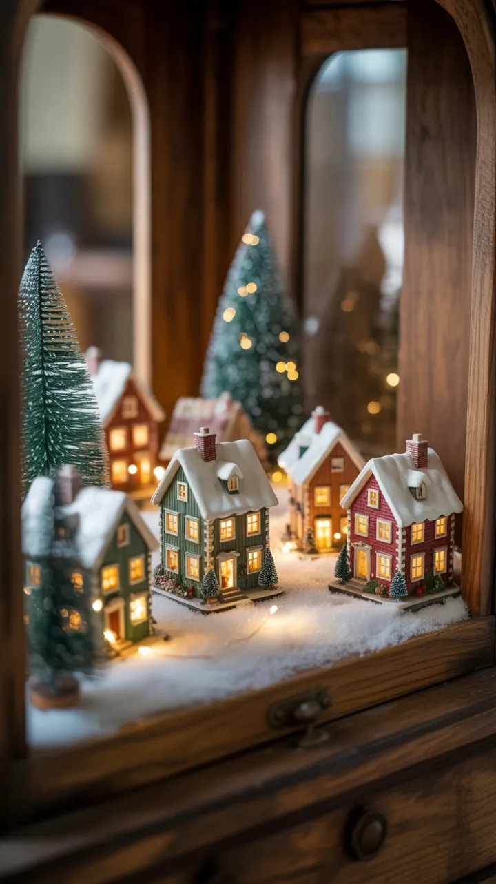 Snow-Dusted Miniature Village Glowing in an Antique Display Case